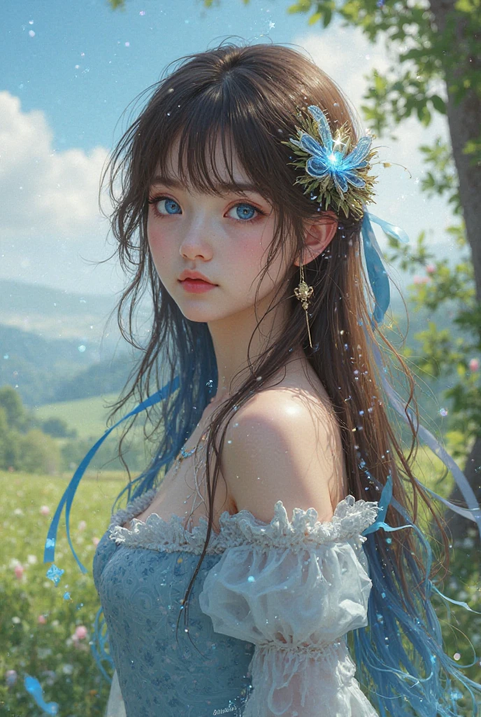 Beautiful girl story wrapped in love, Beautiful eye details, A captivating anime girl gracefully emerges from the pages of a watercolor painting, Her vivid and complex colors are, Bring your artwork to life, (see-through transparent clothes, transparent costume:1.5), She dons an extraordinary fantasy costume adorned with delicate details, reflecting the enchanting world she inhabits, Luminescent elements, like glowing crystals and ethereal wisps, surround her, casting a soft, otherworldly glow,  The style of watercolor painting is、Imbues the image with a sense of fluidity and delicacy, as if the colors are effortlessly blending and bleeding into one another, Camera shot: medium shot, Soft Focus, luminescent glow　Lighting, watercolor brushstrokes, Sophisticated and very delicate anime illustration, unique colors, Portrait of an anime girl, infinite love, rainbow-colored,  beautiful girl illuminated by seven colors of light,