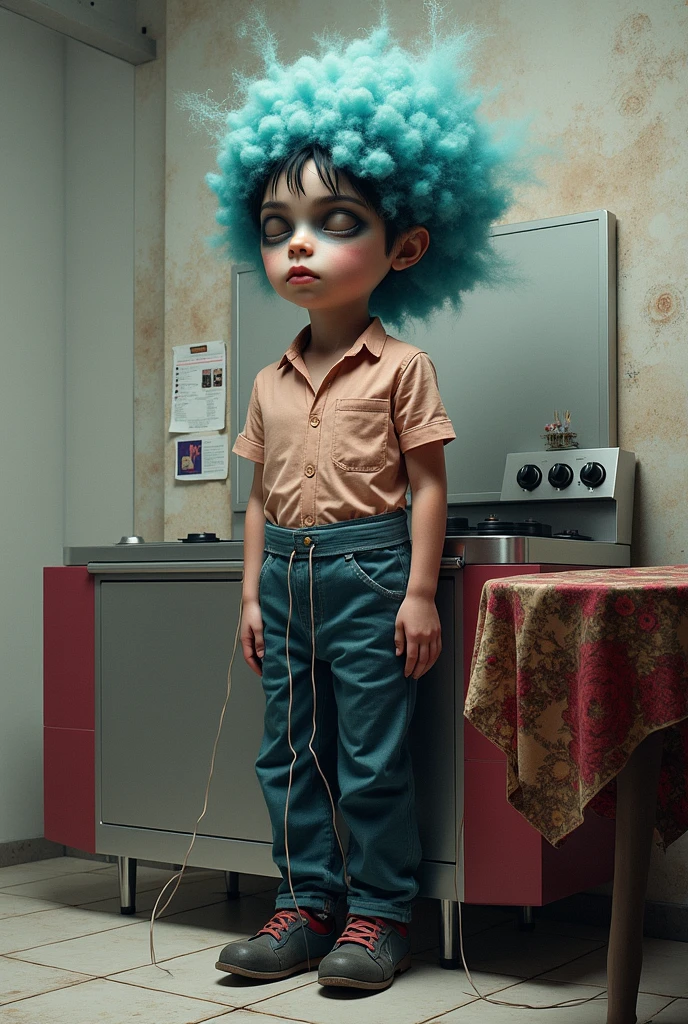 Man doll based on the Coraline movie. He's in a horror movie, there are several dead dolls on the floor. He has curly hair, short black curly. Your eyes are black. Caucasian skin