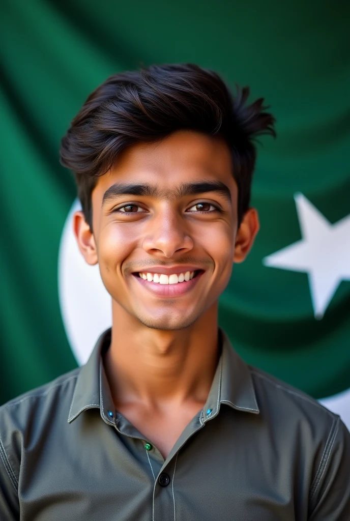 Create a professional picture for my LinkedIn profile a Pakistani boy   red light in background and add Pakistani flag logo on shirt bright colours 