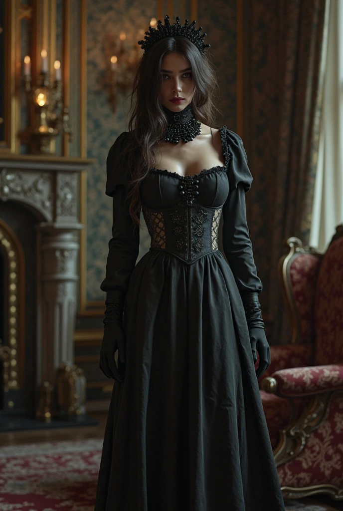 Goth woman, 36 years old, blonde straight long hair, pretty but thin face, gothic Victorian age clothes, tight black dress and lace, very low cut dress, large natural chest, hour glass body, photo realistic eyes, simple dark makeup, russian type skin colour, dark brown eyes