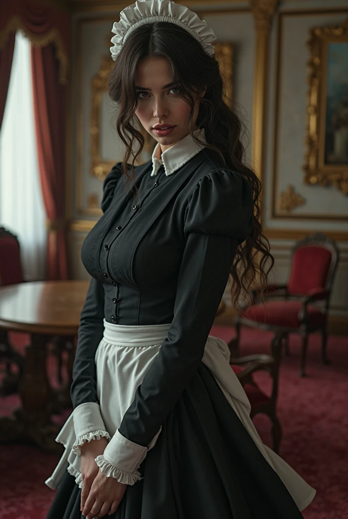 (best quality, 4k, 8k, high resolution, masterpiece: 1.2), ultra detailed, (1 girl), back view, big beautiful round breasts, big butt, big hips, A pretty woman dressed as a protective maid and thoughtful, Victorian fashion, wearing a pretty black and white dressing gown with short puff sleeves, stunning dress design, flowing dress, elaborate lace details, rich textures, contrast stitching, delicate ribbon bows, floral accents, a full skirt, long sleeves, a fitted waist, a lace-up back, luxurious fabrics, impeccable silhouette, corset, tactical gear, light armor, petticoat, bloomers, a frilly headband, a frilly white apron, high-heeled boots, striped stockings, ribbons, wielding a steampunk gun, steampunk style, guarding a castle corridor, extremely detailed eyes and face, long eyelashes, volumetric lighting, cinematic lighting, protective posture, dramatic close-up, texture very detailed, intricate details.