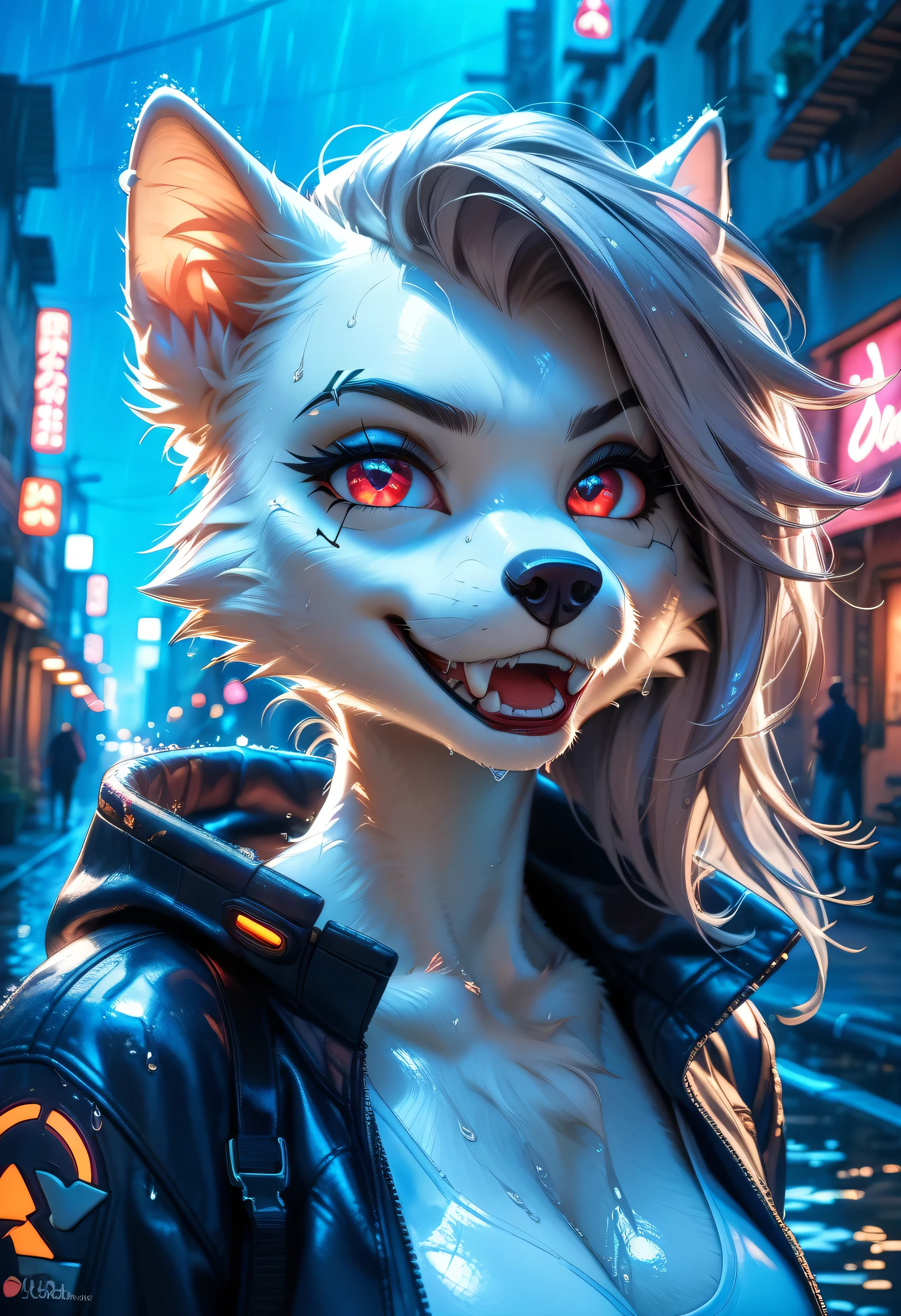 > Loona, anthro furry, sprinting through neon-lit alley, glowing rain, wet fur, tense expression, panting with bared fangs, cyberpunk gear, city lights reflecting in eyes, 1dk, 8k, cinematic, ultra-detailed, (Expressiveh:0.8)