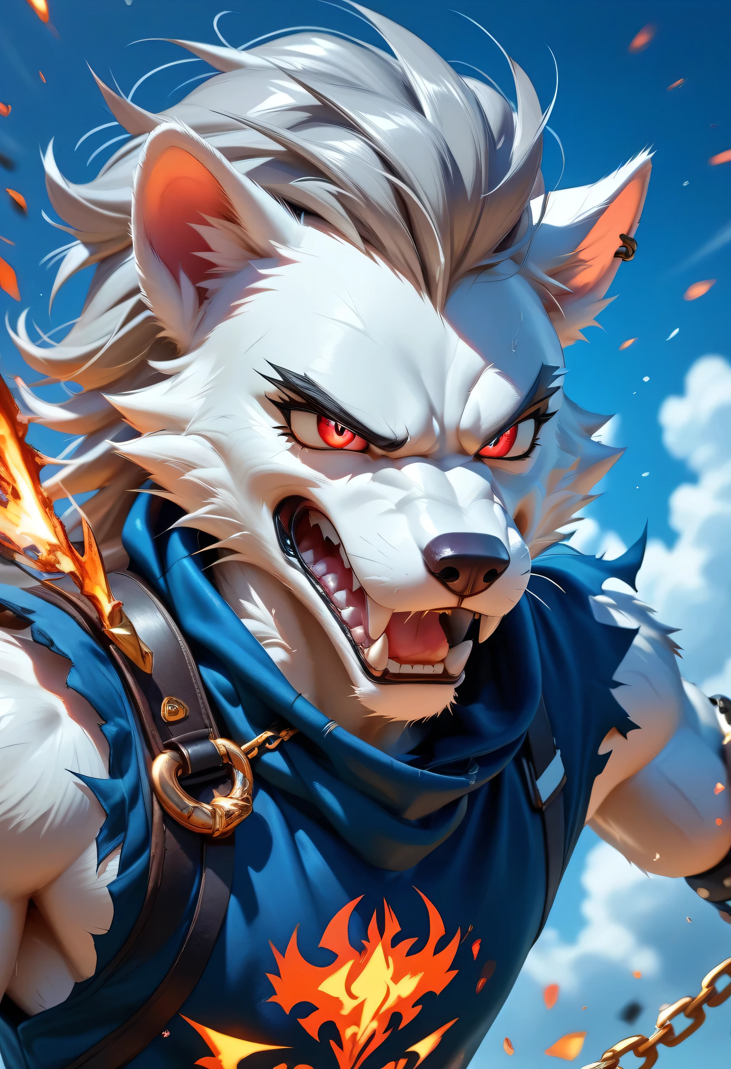 > Loona, anthro furry, snarling with broken chains falling off her wrists, glowing hell tattoos, war-torn background, windswept fur, wild eyes full of rage and freedom, 1dk, 8k, masterpiece, ultra-detailed, expressive pose, (Expressiveh:0.8)