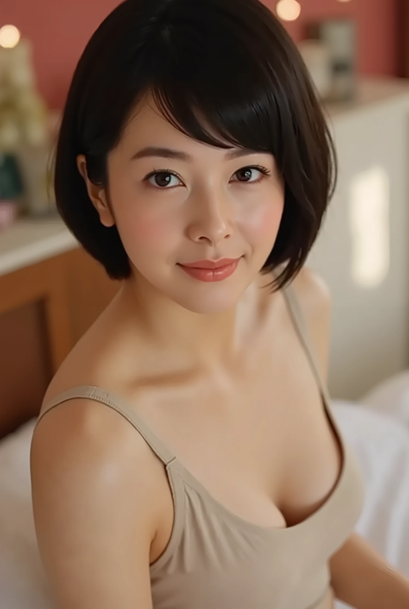 (highest quality),lie down on your bed at home,gravure,woman in underwear,Wear glasses,(black hair short cut hairstyle),Here's the line of sight.,blur the background,big breasts,4K image quality