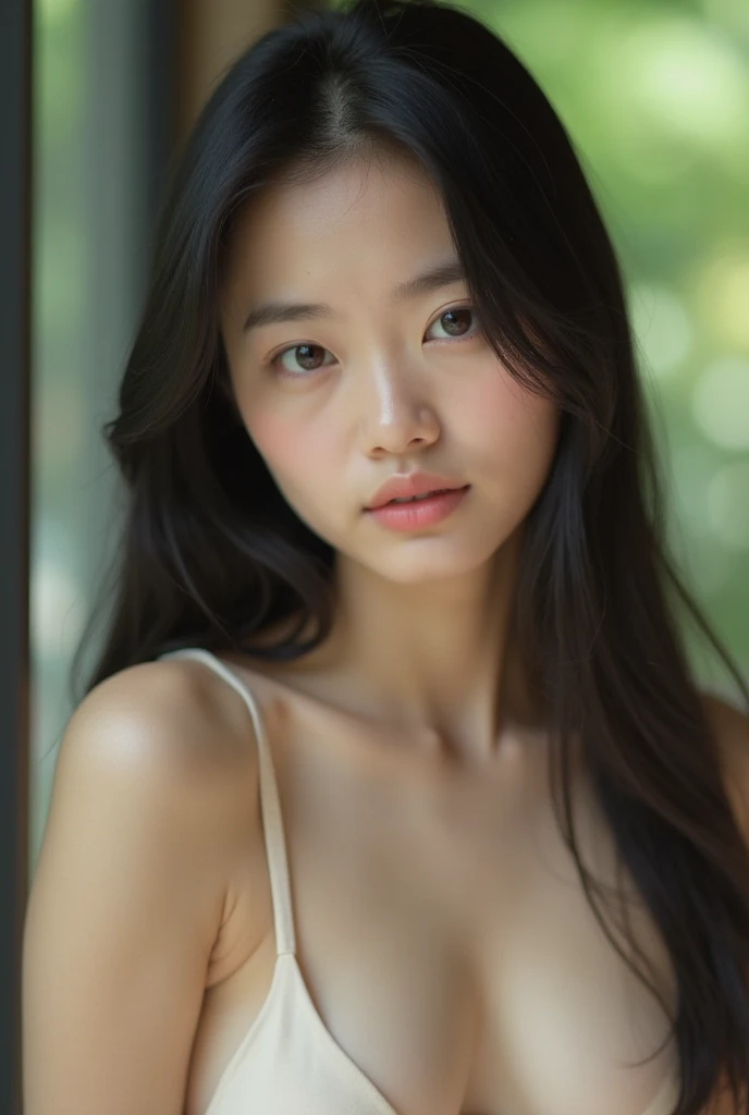 A Chinese girl with fair skin and delicate features poses against Mount Fuji with red maple behind her. Her dark hair hangs around her shoulders, framing expressive eyes that stare directly at the viewer. She is wearing a delicate white lace bralette, and her hands are clasped on her chest. The overall feeling is one of gentle purity and quiet confidence. The light is soft and diffused, highlighting the smoothness of her skin and the delicate details of her clothes.