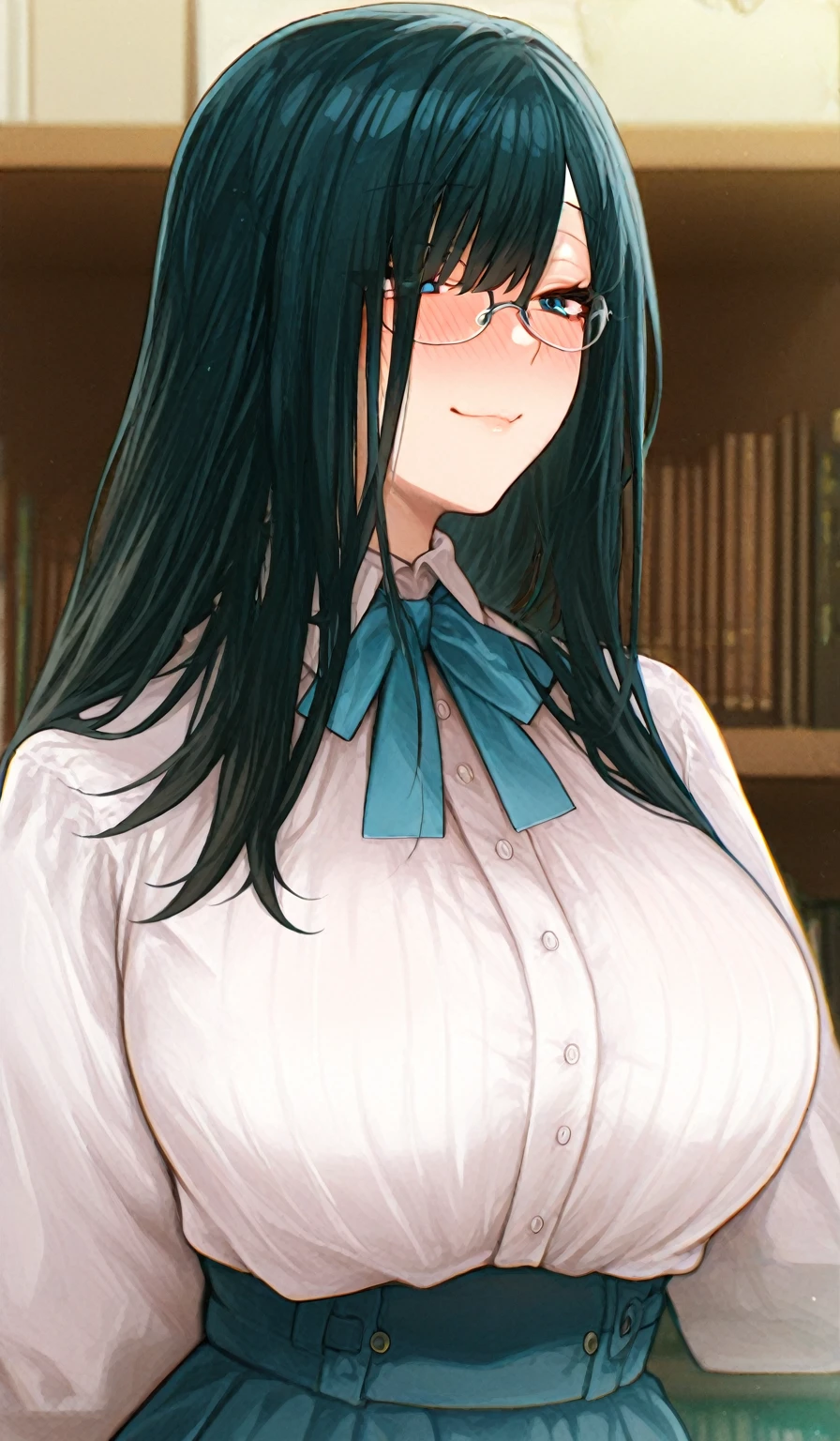 1lady, nico robin\(one piece\),bangs up,forehead,one piece,  library research scene, intellectual appearance with glasses, focused expression, wink eye,beckon,surrounded by bookshelves, quiet atmosphere, harmony of intelligence and beauty, masterpiece, best quality, absurdres,
