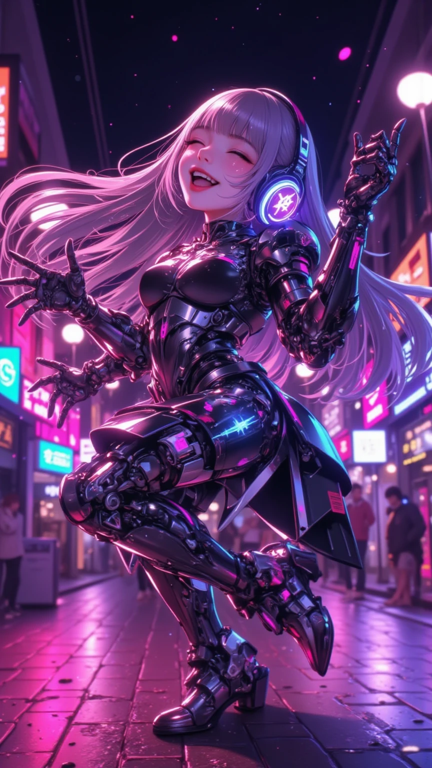 (Digital art, fractal art, official art, beautiful and aesthetic, ultra detailed, beautiful, masterpiece, best quality:1.8), (1girl:1.2), Detailed face, Detailed eyes, Detailed hair, Detailed fingers, five fingers,
_
BREAK cute ig model, Japanese cute model, 22 years old, Tightened body, small head, small face, small mouth, diamond Face, small nose, Sharp Faceline, smile,Teeth, (dropy eyes, Double eyelid, Light color eyes, Moist eyes, Shiny eyes:1.2), Shiny hair, Shiny skin,
_
BREAK (happy, smile, Teeth), beautiful Teeth, (Pose:1.3), (strike a dynamic pose with arms extended, showcasing the LED lines and futuristic details), (capture the outfit from a low angle to emphasize the neon sole of the ankle boots and the flared pants, highlighting the cyberpunk essence), BREAK (include the misty cyber cityscape with neon lights, creating a captivating contrast with the vibrant red cyberpunk fashion),
_
BREAK (Cyberpunk theme:1.3), ((bright red, holographic) cyberpunk bodysuit with glowing LED lines:1.2), (detachable hood with geometric patterns:1.2), (flared pants with futuristic knee pads:1.4), (ankle boots with neon sole:1.3), (metallic fingerless gloves:1.3), (BREAK), (futuristic metallic choker:1.2), (hovering holographic accessory:1.3), (pose:1.2), (angled shot:1.1), (background:1.3), (mist and neon lights in a futuristic cyber city:1.4),