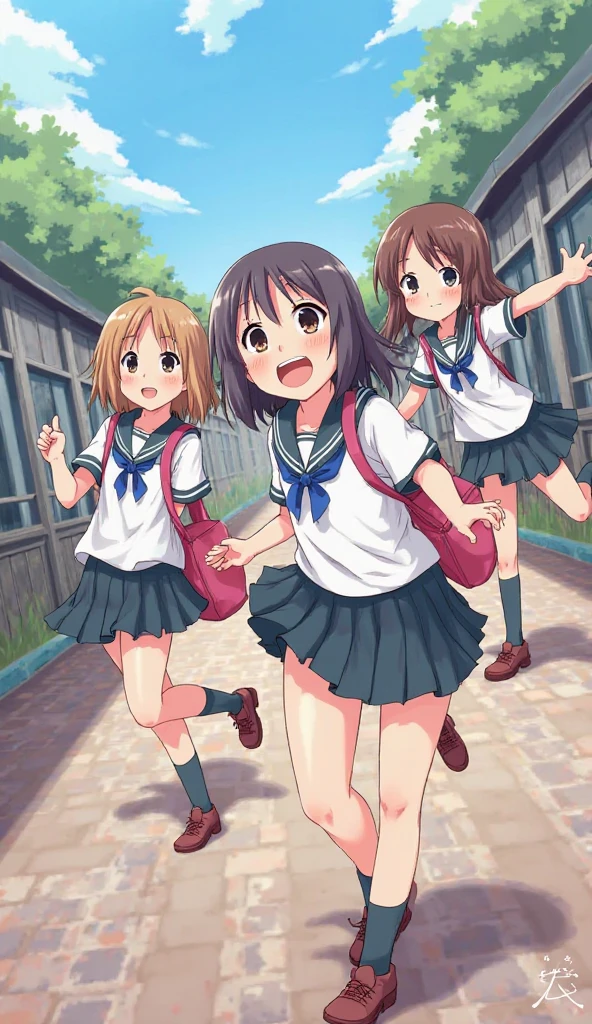 Highest quality, Ultra-high resolution, (Realistic: )2D official style cel animation,((Three pretty girls sitting next to each other。))mini skirt,Summer Shirts,(Lace panties),loose socks,sneakers,Full body portrait,(From below),Station stairs,sunny,Troubled face,Spread your legs