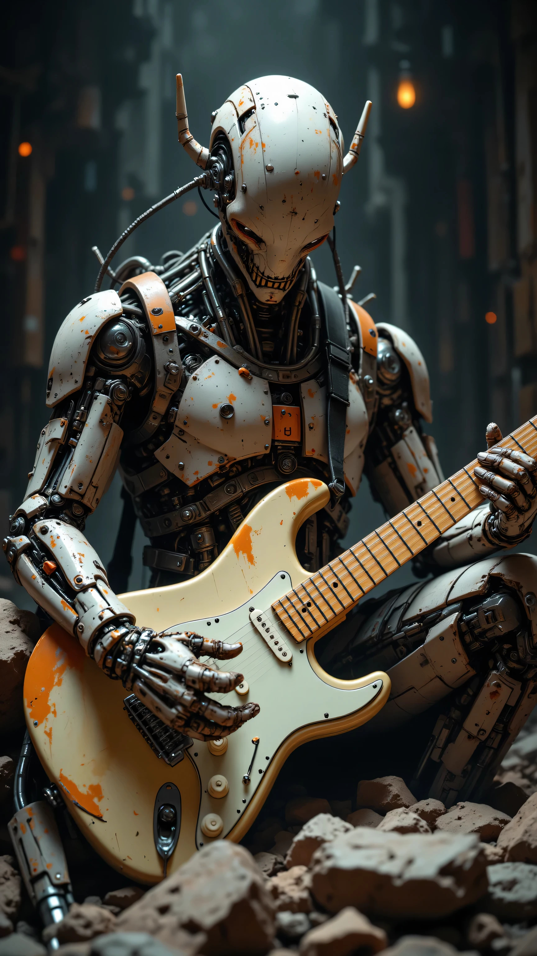 8k, Masterpiece, Top Quality, Low-angle, close-up, robotic, metallic, silver, gold, orange, gray, weathered, intricate, mechanical, wires, helmet-like, electric guitar, light-colored, cream, hands, gripping, fretting, dramatic lighting, dark, blurred, shadowy, rocks, debris, grunge, science fiction, artistic, digital, 3D.