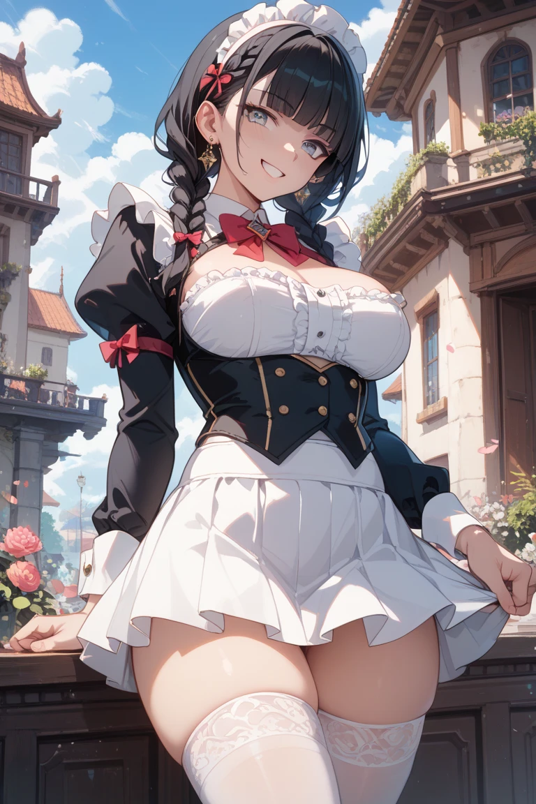 22 years old, (milf:1.0), cute breast, beautiful breasts,black suspenders,(Bulging ,small breasts:1.3),(long Black miniskirt:1.3),garters,Gaze,Small face,bangss,holster,gun Belt Armament holder,Beautuful Women, thin waist, big ass:1.0, Raised sexy, (dark bronde mediumlong hair,side ponytail,hair between eyes,bangs, dark blue eyes, light smile, Revimpling fabric, earrings, Hand gloves, detailed face,detailed and beautiful eyes,beautiful detailed lips,(ultra high resolution, 8K RAW photo, photo realistics, thin outline:1.3, clear focus), best qualtiy, natural lighting, textile shading, field depth (Bright pupils, fine detailed beautiful eyes with highlight:1.3, high detailed face), Red lip, fine realistic skins:1.1, looking down viewers:1.3, (dynamic angle:1.3, front view:0.8, breast focus:1.3, from below:1.2), (dynamic posing:1.5, sexy posing:1.2, leaning forward),Youghal, side lock, hair ornaments, hair band,nice,garden background,artistic rendering,Super detailed,(highest quality,(with sparkling eyes and a contagious smile),her thin pubic hair, looking at viewer,