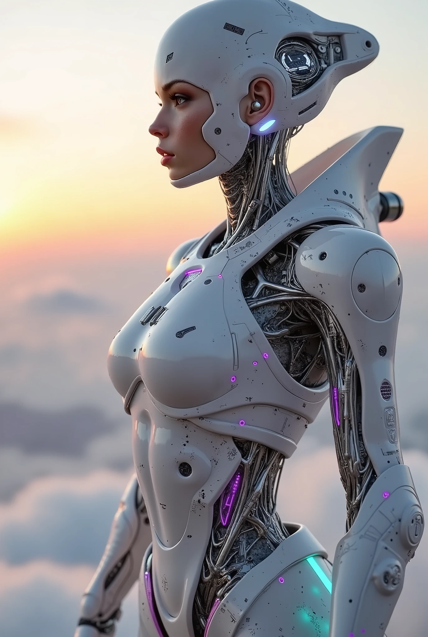 Ultra-modern cyber futuristic concept cyborg-android woman,in a white ceramic case, biomechanical fusion, ultra-detailed cybernetic head, hyper-realistic skin texture combined with a naked titanium endoskeleton, luminous neural implants, neon illumination of elements (turquoise and purple colors), micro scratches on the body, rendering Unreal Engine 5, 8K, She is dressed in smooth futuristic white ceramic armor, resembling advanced armor with complex mechanical parts and visible connections, circuit boards, microcircuits, With thin grooves, ports and neon lighting, markings, the costume design combines tactical aesthetics and cutting-edge technology. Her expression is thoughtful, her gaze is fixed into the distance. She's standing on a futuristic aircraft carrier or similar vessel. The setting is a vast landscape with clouds at dawn or dusk, with a magnificent gradient of pastel orange and pink shades in the sky in the style of Vadim Kashin. The deck of the ship is visible below, replete with mechanical structures and details that create the feeling of a futuristic war. The lighting is impressive: the soft golden light highlights her figure against the clouds, while the bright light illuminates individual parts of the deck and the ship. The composition of the image is dramatic, emphasizing her pose and the futuristic ship. The colors are mostly pale, cool - white, gray and pastel orange. The mood is serene, although there are hints of a futuristic atmosphere potentially associated with conflict. The textures are made of smooth ceramic, composite, metal and plastic materials. The overall style is sci-fi, cyberpunk, and anime-inspired, combining elements of mechanical and organic design. Wide-angle angle, possibly shooting with a long lens.