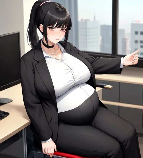 mature female, milf, huge breasts, wide hips, curvy, blush, smile, girl, solo, black eyes, short hair, swept bangs, straight hair, black hair, jacket, black jacket, collared shirt, necktie, black necktie, pants, black pants, white shirt, pregnant, sitting, office