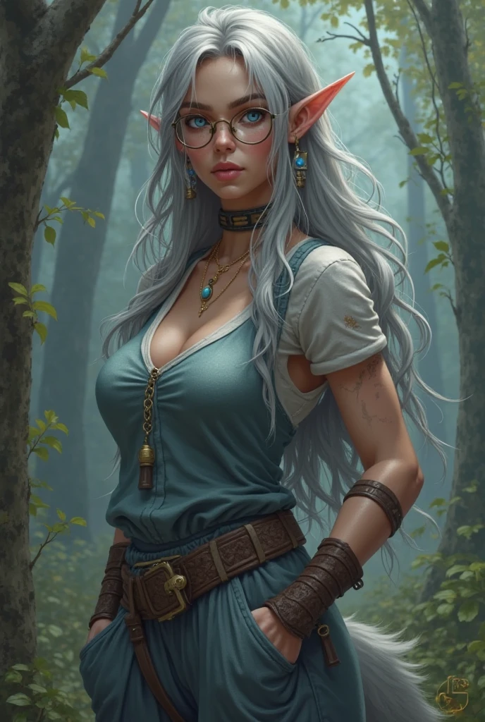((realistic: 1.5)),((best quality)), ((masterpiece)),((detailed)), woman, dark skin, white hair, ponytail, elf ears, red pupils, large breasts, eyeglasses, purple dress, large thighs, curves, mature, sexy face, sitting in waterfall on top of a rock