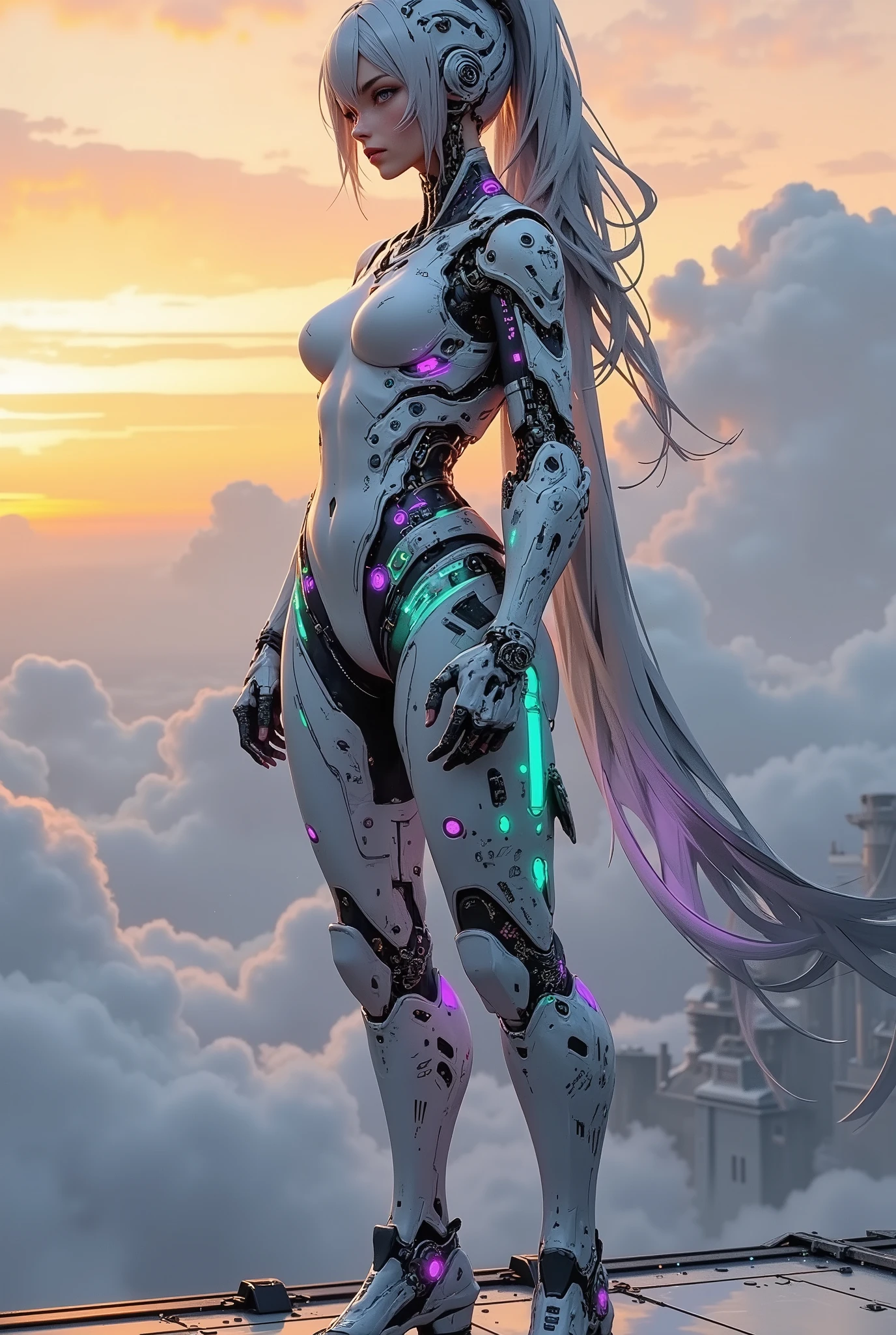 Ultra-modern cyber futuristic concept cyborg-android woman,in a white ceramic case, biomechanical fusion, ultra-detailed cybernetic head, hyper-realistic skin texture combined with a naked titanium endoskeleton, luminous neural implants, neon illumination of elements (turquoise and purple colors), micro scratches on the body, rendering Unreal Engine 5, 8K, She is dressed in smooth futuristic white ceramic armor, resembling advanced armor with complex mechanical parts and visible connections, circuit boards, microcircuits, With thin grooves, ports and neon lighting, markings, the costume design combines tactical aesthetics and cutting-edge technology. Her expression is thoughtful, her gaze is fixed into the distance. She's standing on a futuristic aircraft carrier or similar vessel. The setting is a vast landscape with clouds at dawn or dusk, with a magnificent gradient of pastel orange and pink shades in the sky in the style of Vadim Kashin. The deck of the ship is visible below, replete with mechanical structures and details that create the feeling of a futuristic war. The lighting is impressive: the soft golden light highlights her figure against the clouds, while the bright light illuminates individual parts of the deck and the ship. The composition of the image is dramatic, emphasizing her pose and the futuristic ship. The colors are mostly pale, cool - white, gray and pastel orange. The mood is serene, although there are hints of a futuristic atmosphere potentially associated with conflict. The textures are made of smooth ceramic, composite, metal and plastic materials. The overall style is sci-fi, cyberpunk, and anime-inspired, combining elements of mechanical and organic design. Wide-angle angle, possibly shooting with a long lens.