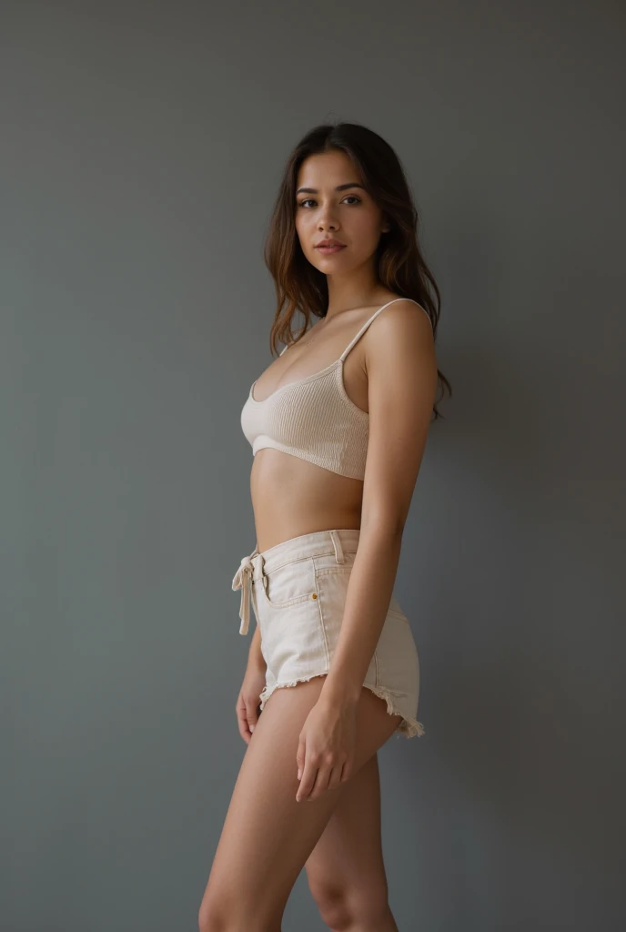 16 year old white girl, wearing a bra and shorts is punished at prison. She is holding her hands up in the hot sun, and she is sweating. 