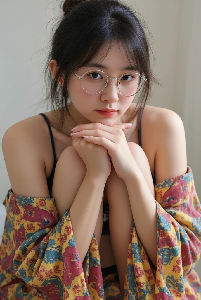 masterpiece,extremely detailed,CG,unity,8, wallpaper,best quality,realistic,photo-realistic,RAW photo,artistc,finely detail,award winning photo,Grand Prix Award photo,cinematic lighting,perfect body,thin waist,beautiful,cute,1lady,office lady,26years old,black semi-long straight hair, BREAK (onsen yukata with floral pattern),long sleeve,((all fours on the white futon)),(angle from below:1.5),looking at viewer,(realistic nipples),ryokan,room,(smile:1.2),close up shot,(downblouse:1.3), (nipslip:1.3),(cleavage),(Glasses:1.3)