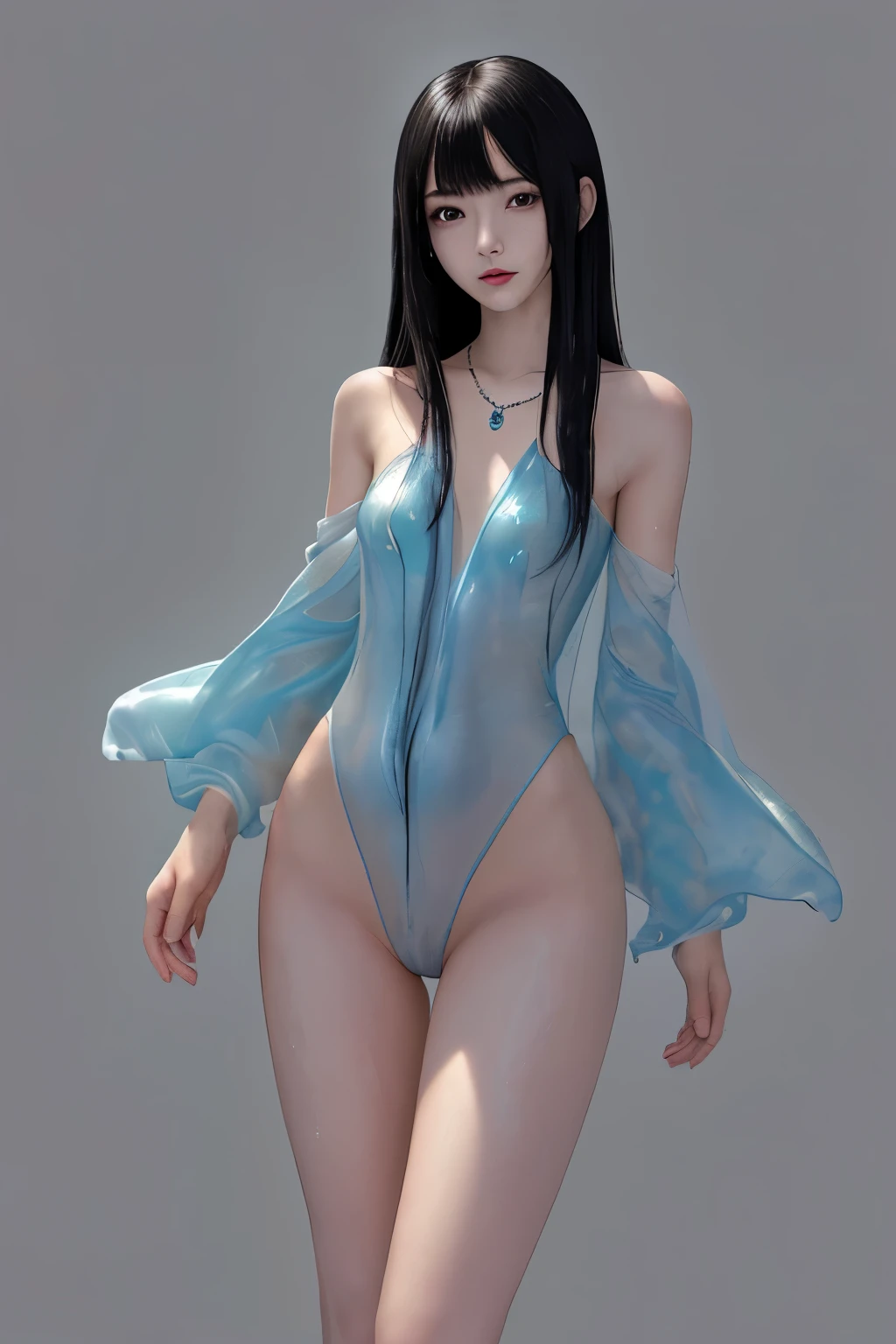 masterpiece, 8k、human anatomically accurate, High detail、Image from below、A little smile、textured skin that repels water droplets, 1 girl , 、COOL BEAUTY、Long face、 Japanese beautiful girl 、 very thin 、Light blue sea bream、(slender 1.8)、 necklace for 1 person、 Constricted Waist 1 .45 , Small Hips 1 .45 、thin、 slim、 black hair、wet straight hair、、Gross, long legs 、simple background