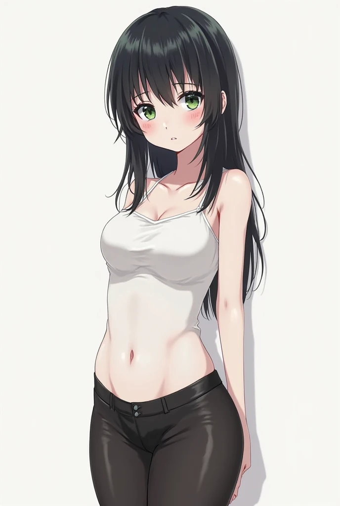 (masterpiece), best quality, expressive eyes, perfect face, 1 young woman, long hair, (((black hair))), (((green eyes))), ((showing belly belly))), (((neckline))), (((one of the arms raised))), (((fixing the hair))), (((mischievous smile))), (((Short tank top))), (((white tank top))), (((purple panties))), (((transparent panties))), (((panties with lace))), (large breasts), (thick thighs), (((flushed))), (((bangs))), (((Image showing the top of the up)))), (((white background))), (((simple background))))