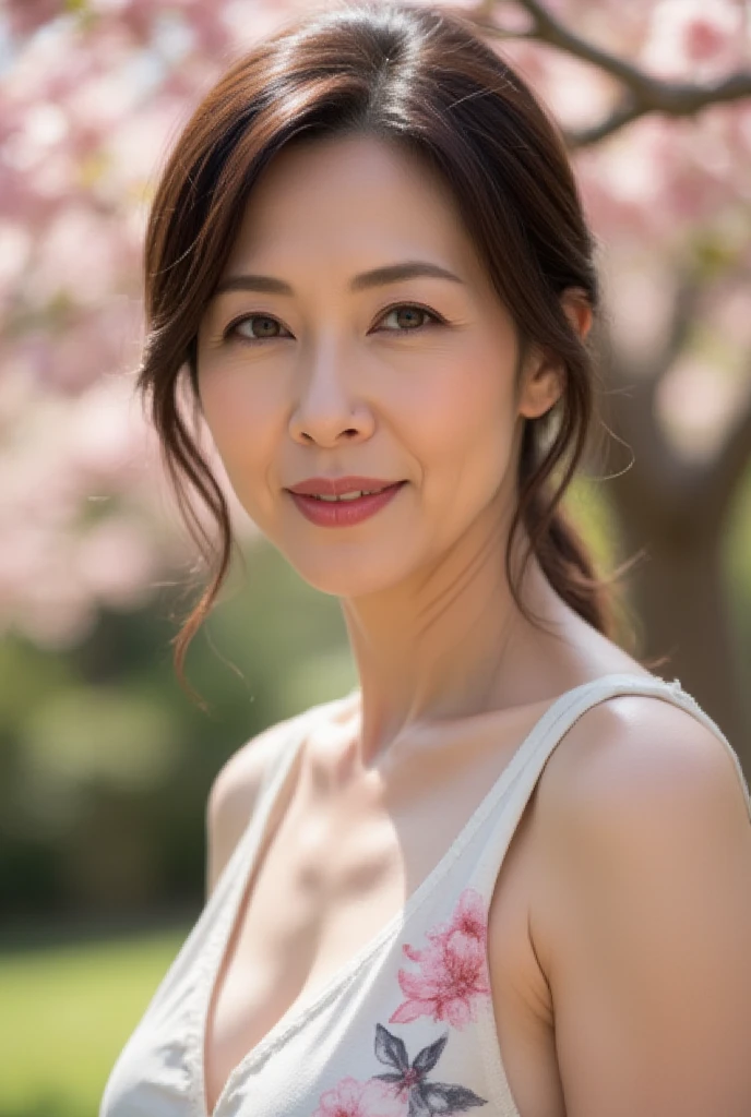 A beautiful 40-year-old woman wearing a snug-fitting light purple knit one-piece dress with a plunging neckline. up skirt. japan braless. lie on the grass
by the Cherry tree. smile