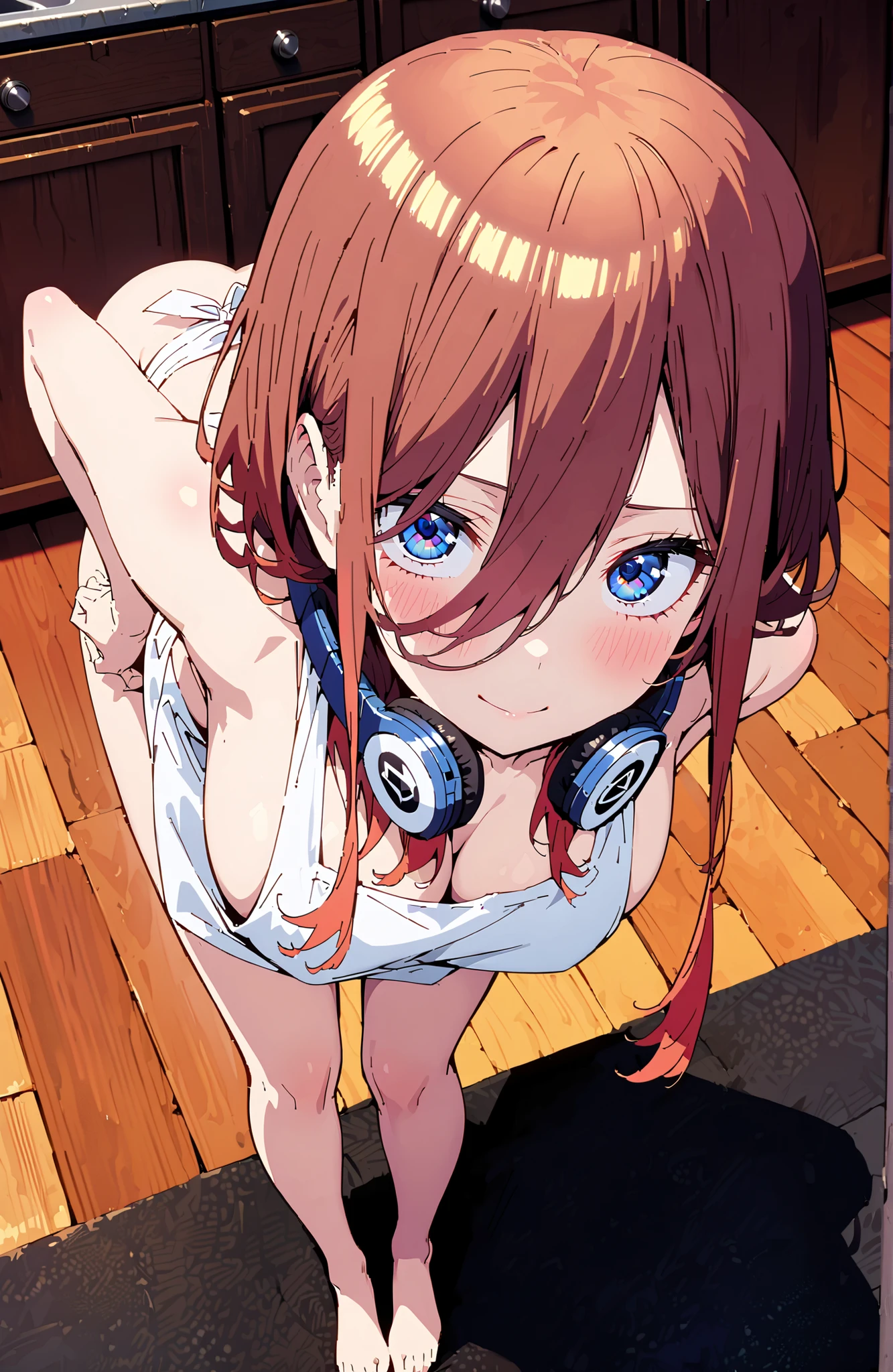 Nakano Nakano Miku, bungs, blue eyes, brown hair, shirt, o, Big Breasts,headphones , headphones around neck, long hair,side boob,cleavage,naked apron,Bare legs,lifts her breasts with both hands,smile,cover,close your mouth,narrows her eyes,,standing,bending forward,full bodyがillustrationsに入るように,break indoors,kitchen,
break looking at viewer,full body,
break (masterpiece:1.2), Best Quality, high resolution, Unity 8k 壁紙, (illustrations:0.8), (beautiful detailed eyes:1.6), very detailed face, perfect lighting on the table, extremely detailed CG, (perfect hand, Perfect Anatomy),