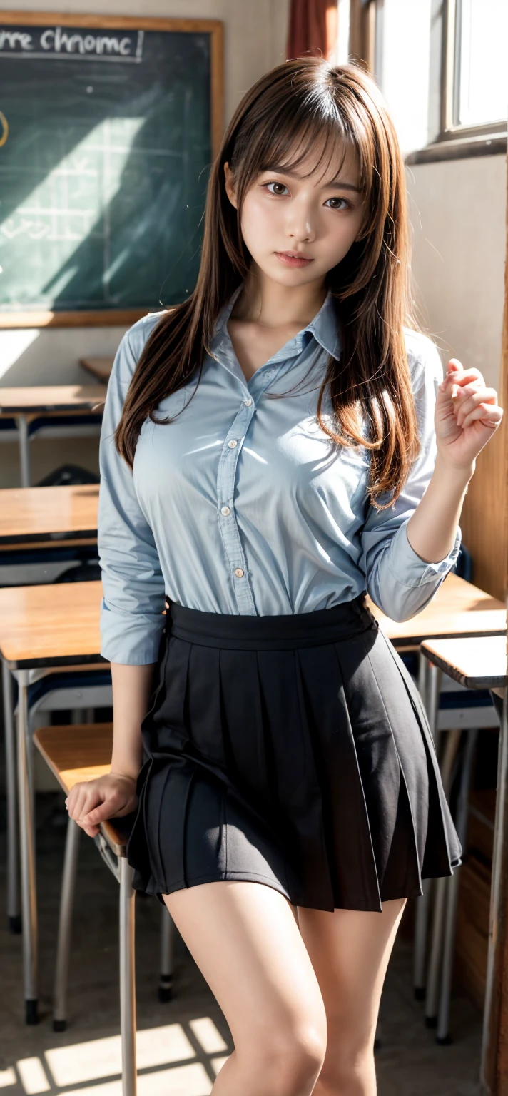 masterpiece, best quality, illustration, Super detailed, fine details, High resolution, 8K,wall paper, perfect dynamic composition,(Details High quality, realistic depiction of eyes:1.3), High School Classroom、High school girl uniform、Cardigan、Super Short Check Uniform Skirt、Navy blue high socks、garterbelts、Colossal tits、Disturbed uniform、, black hair color, Big Natural Color Lip, bold sexy pose, (perfect body shape), crying a little、Harajuku style、20 year old girl、cute type, beautiful legs, hposing Gravure Idol, Voluptuous thighs