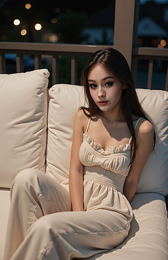 A Caucasian woman, 20 years old, very beautiful, with a friendly look, captivating eyes, perfect cheek, slightly thick lower lips, good body, medium to large breasts, sitting on the couch, sets of legs and hands, posing for a photo. elegant, thoughtful, light in the room, too much light.