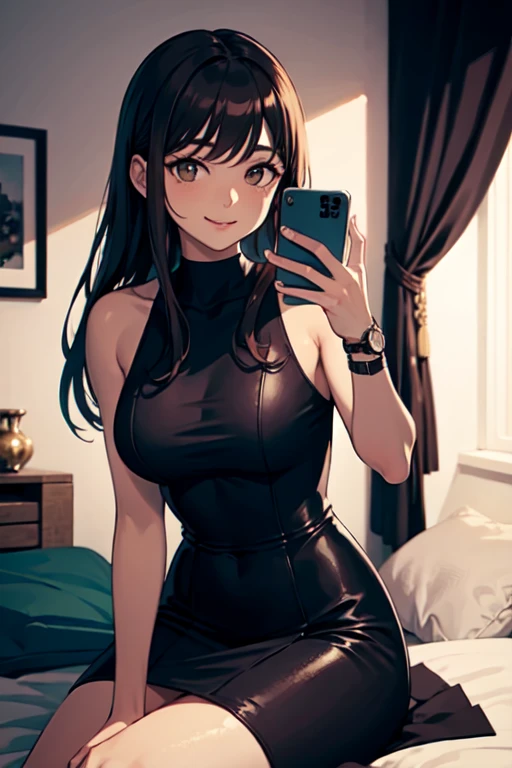 (masterpiece, best quality), ((1girl, solo)) 1 girl in a tight black dress taking a selfie in a mirror, sexy dress, very sexy outfit, wearing a tight black dress, sexy outfit, see through dress, she is wearing a black dress, tight dress, succubus in tight short dress, short dress, sexy look, skintight dress, wearing in stocking, skintight black clothes, tight attire