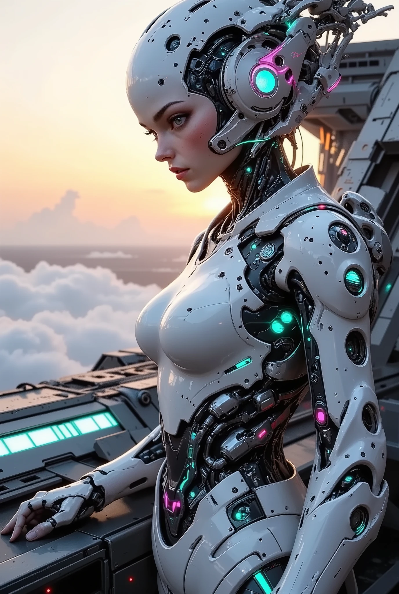 Ultra-modern cyber futuristic concept cyborg-android woman,in a white ceramic case, biomechanical fusion, ultra-detailed cybernetic head, hyper-realistic skin texture combined with a naked titanium endoskeleton, luminous neural implants, neon illumination of elements (turquoise and purple colors), micro scratches on the body, rendering Unreal Engine 5, 8K, She is dressed in smooth futuristic white ceramic armor, resembling advanced armor with complex mechanical parts and visible connections, circuit boards, microcircuits, With thin grooves, ports and neon lighting, markings, the costume design combines tactical aesthetics and cutting-edge technology. Her expression is thoughtful, her gaze is fixed into the distance. She's standing on a futuristic aircraft carrier or similar vessel. The setting is a vast landscape with clouds at dawn or dusk, with a magnificent gradient of pastel orange and pink shades in the sky in the style of Vadim Kashin. The deck of the ship is visible below, replete with mechanical structures and details that create the feeling of a futuristic war. The lighting is impressive: the soft golden light highlights her figure against the clouds, while the bright light illuminates individual parts of the deck and the ship. The composition of the image is dramatic, emphasizing her pose and the futuristic ship. The colors are mostly pale, cool - white, gray and pastel orange. The mood is serene, although there are hints of a futuristic atmosphere potentially associated with conflict. The textures are made of smooth ceramic, composite, metal and plastic materials. The overall style is sci-fi, cyberpunk, and anime-inspired, combining elements of mechanical and organic design. Wide-angle angle, possibly shooting with a long lens.
