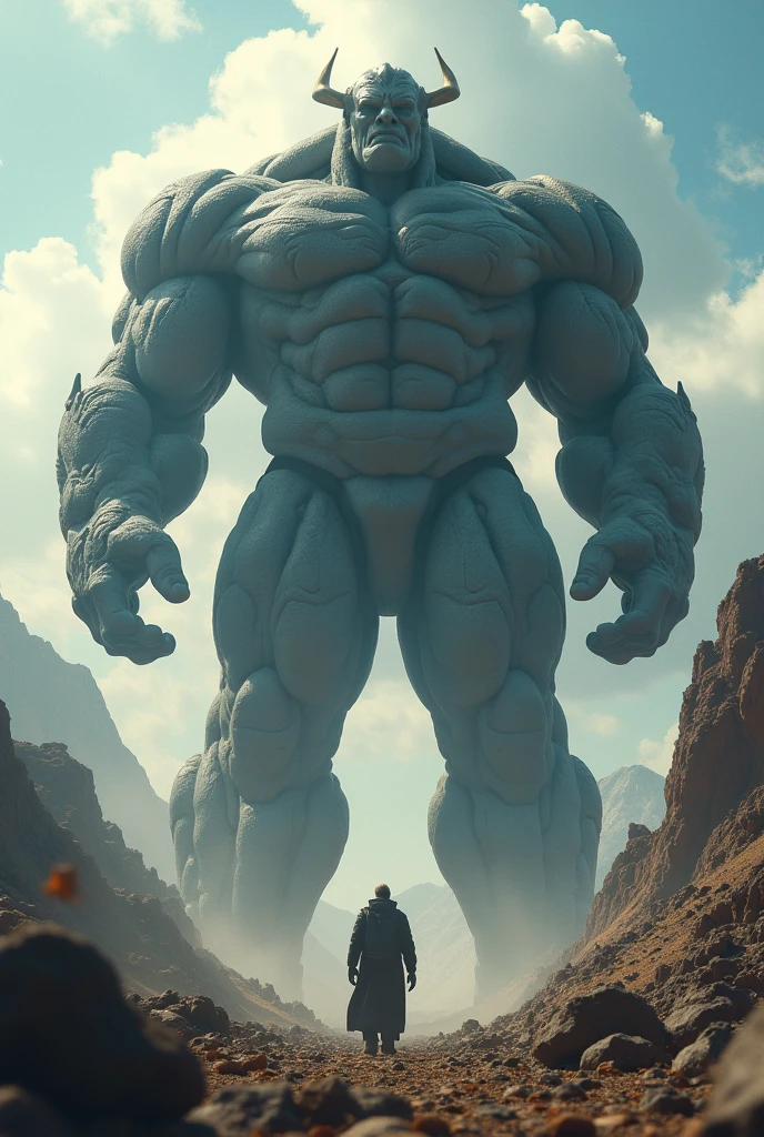 A giant who crushes the Earth, which is as vast as the universe Looking up from below Huge belly Lower Body feet