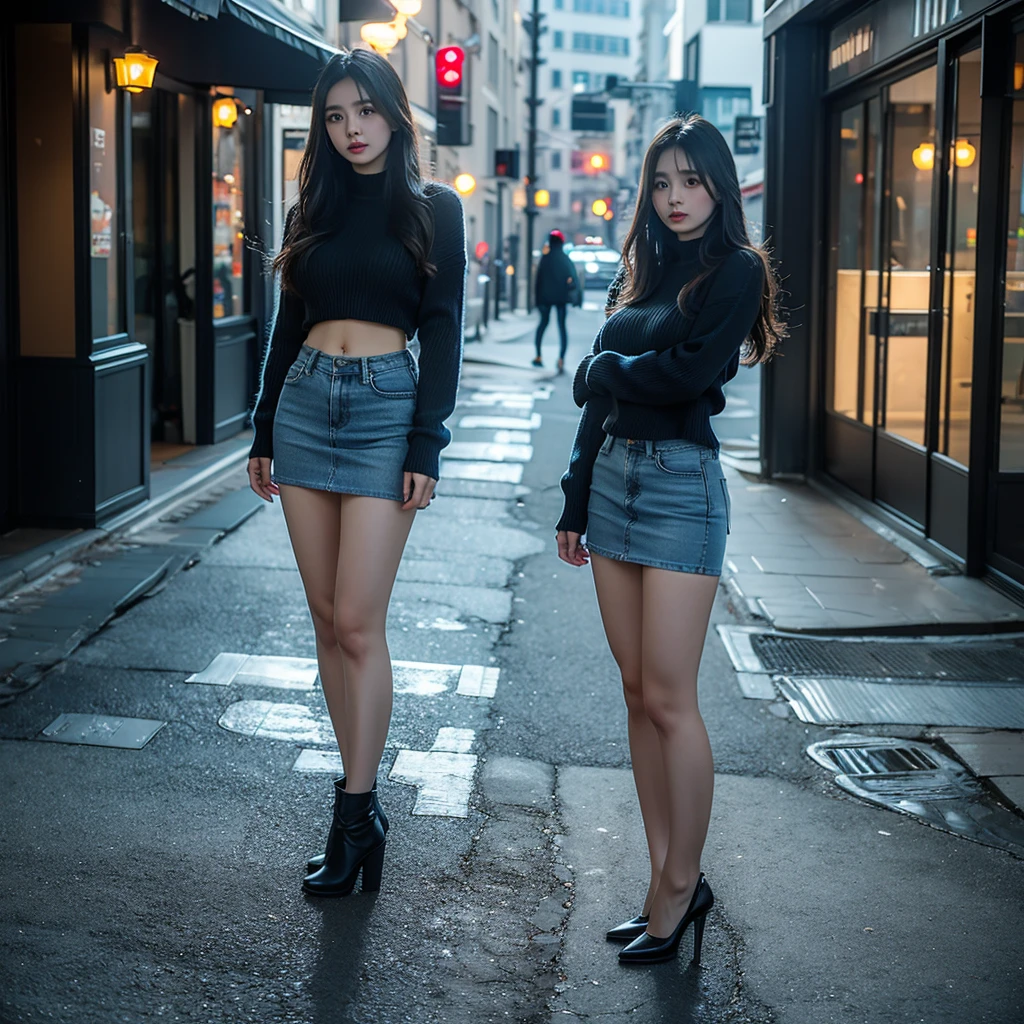 A highly realistic AI model, personified as a young woman with Asian features,Smooth, flawless skin with a touch of light makeup,out side in the buildings having fun,average feminine body with small but cute curves,showing a very cute smile on her face,looking relaxed and happy ,her posture relaxed and carefree,weraing a beautiful black jeans pants with a red shirt,beautiful modern buildings a the back,photorealistic,perfect hands and fingers,lee so jin