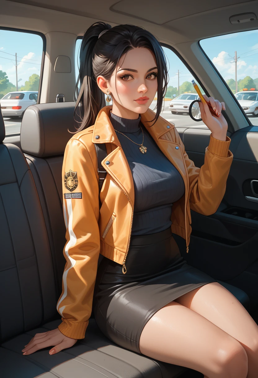 lady dmc3, scar, heterochromia, shirt, plaid skirt, necklace, bag, short hair, black hair, brown boots, perfect lighting, soft, ultra-realistic representation, meticulous details in characterization, impeccable lighting, superior visual quality, photography, Canon EOS R5 DSLR camera, Canon RF 85mm f lens, (detailed face), perfect eyes, perfect face, perfect hands, ultra-realistic, good lighting, extreme details, cinematic effects, ultra-realistic quality (8k, 4k, unreal engine 5 ), cinematographic