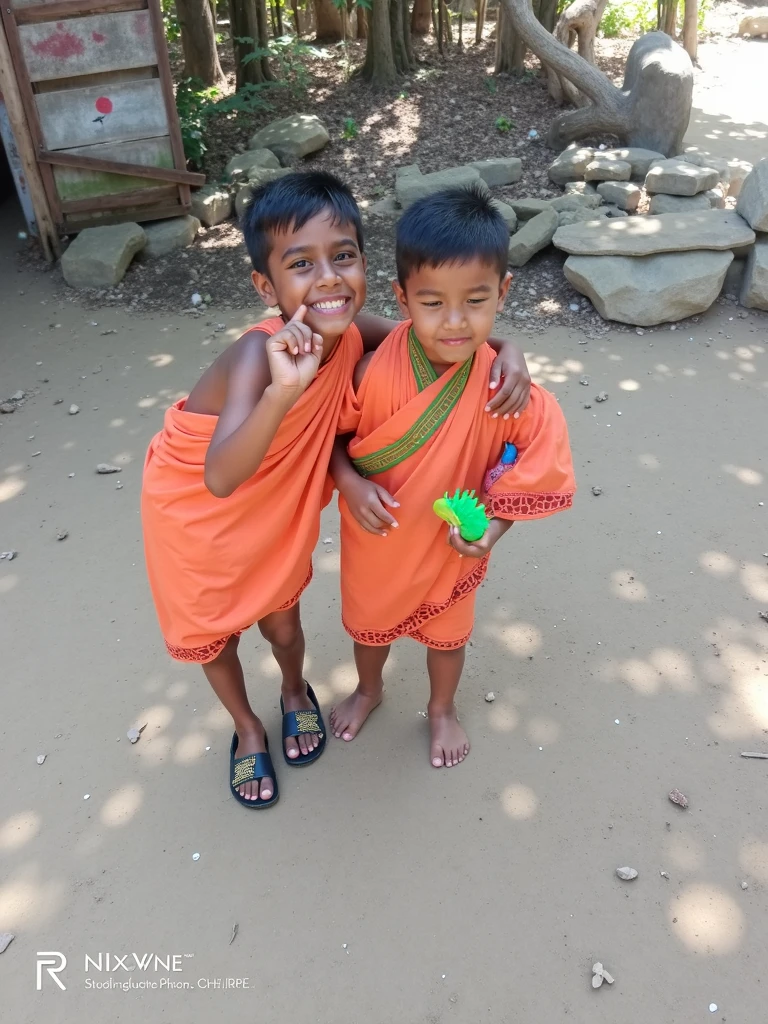 Two identical smiling babies dressed in orange monk robes are sitting on the backs of large, detailed insects against a blurred background. The image is mirrored, with each baby and insect facing inward toward each other.
