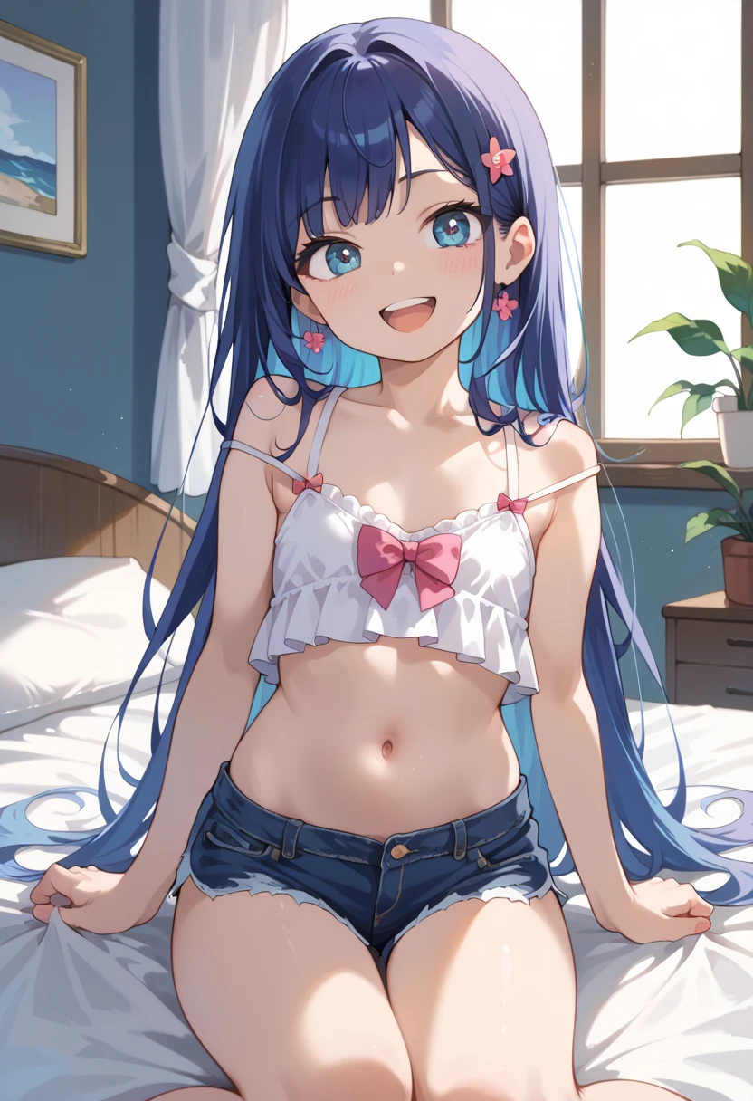 small breasted girl, short, elementary school student, blue hair, long hair, blue eyes, round eyes, shy, shy, , short, young face, short height, , ,Lingerie Set,bed,bed,lying on back