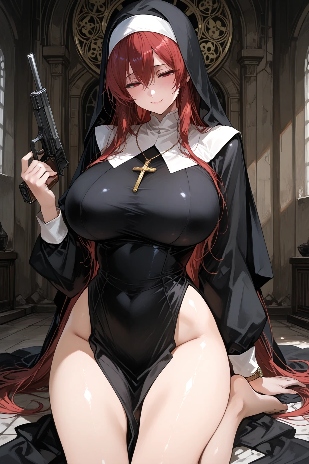 4k, masterpiece, High resolution, (big breasts)、curvy、((Black Thigh Socks))、((sacred place))、(standing in centre)、(sister)、(((blood born)))、(Giant cross)、((With a machete))