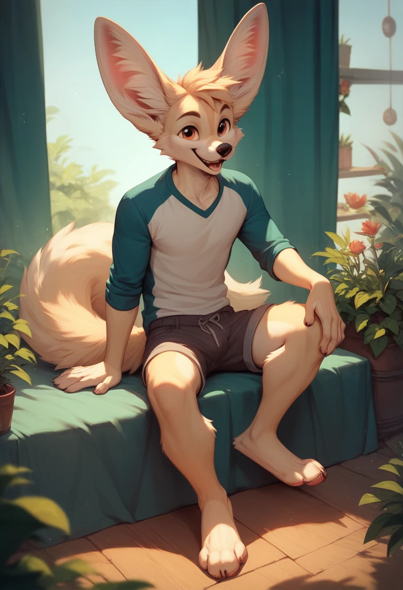 furry, coyote, male, yellow eyes, fluffy, beige fur , head view wearing shorts full body 8k
