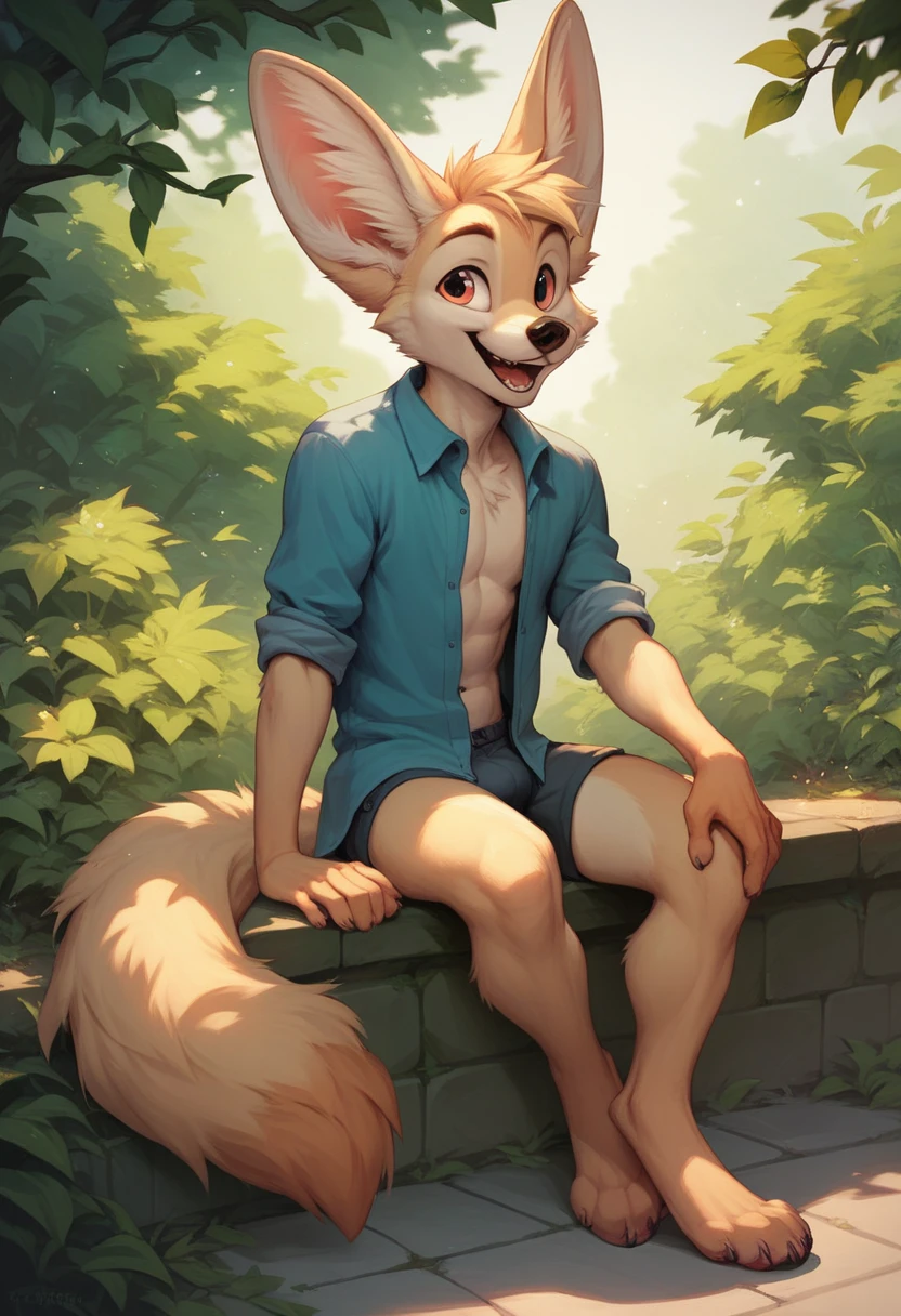 furry, coyote, male, yellow eyes, fluffy, beige fur , head view wearing shorts full body 8k