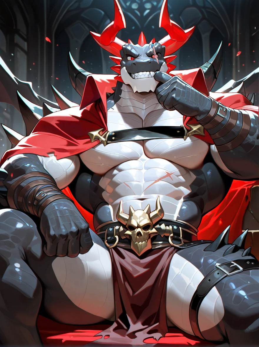 Red Wolf, muscular, skull mask, with bones in the torso, dragon wings, white panties, with nine tails, with chains, with nipple piercings 