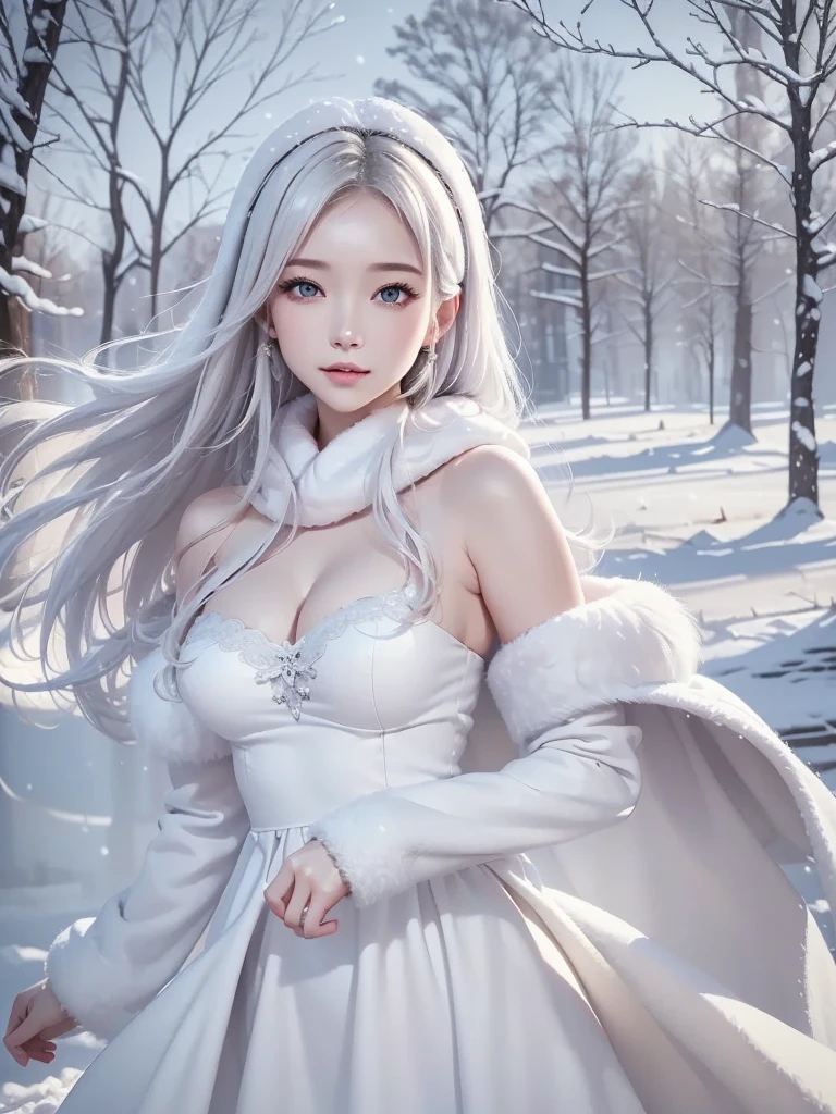 masterpiece、Highest quality、1 girl, winter, white hair, Cute girl, smile, close mouse, medium breasts, white dress, winter clothes, Fur coat、Small waist、Thin legs、outdoors, snow falling
