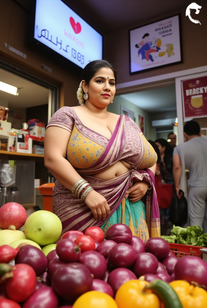 A beautiful gorgeous plump Indian 45-year-old woman wearing a saree, huge breasts, hot body curves, smiley face, white skin, standing on market ,