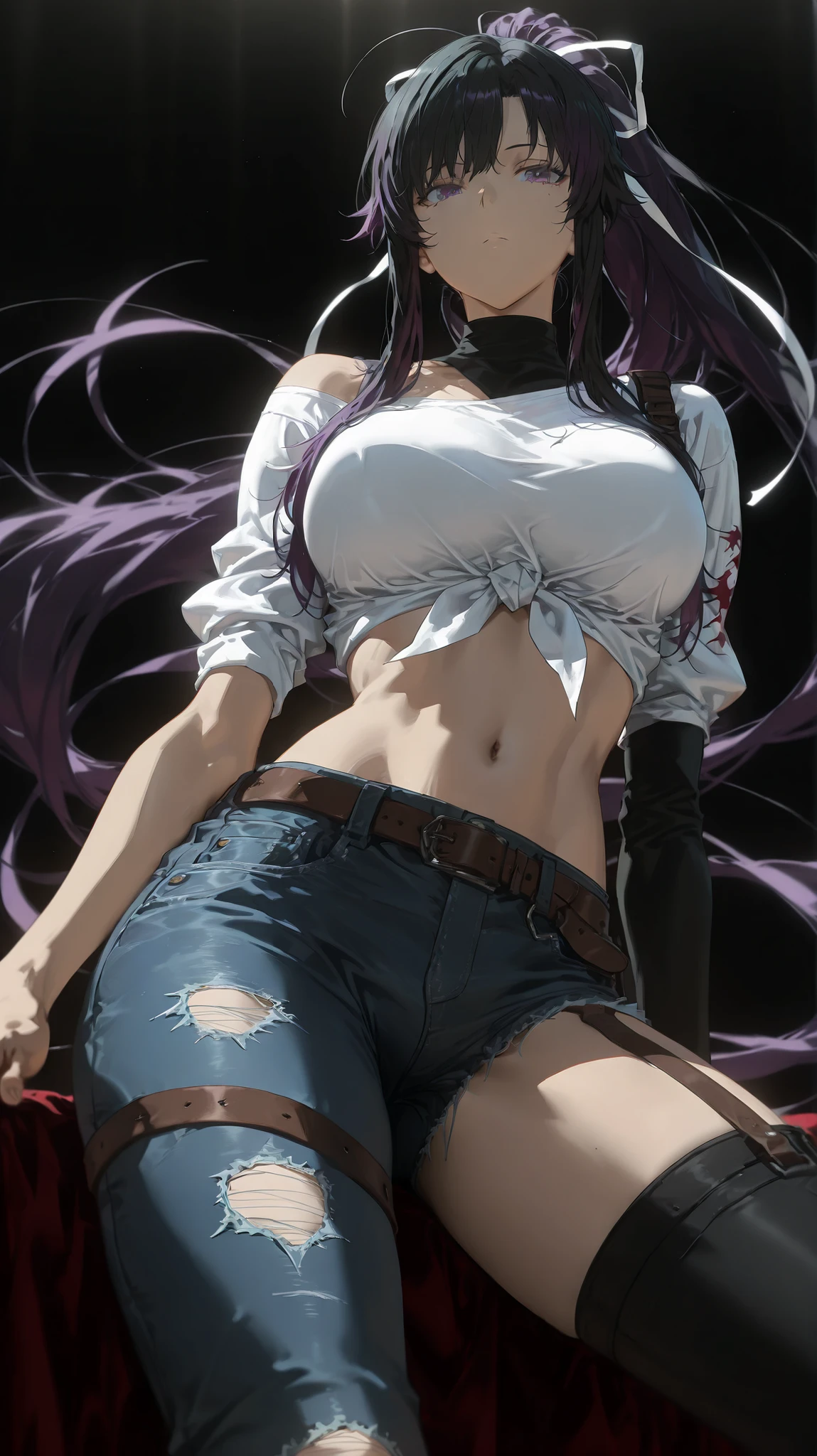 looking at the viewer, asymmetrical clothes, navel, purple eyes, very long hair, tied shirt, midriff, hair ribbon, single pantsleg, white shirt, ponytail, black hair, large breasts, jeans, white ribbon, brown belt, purple hair, asymmetrical legwear, 1girl, solo, alone, dark_art_style, masterpiece, highres