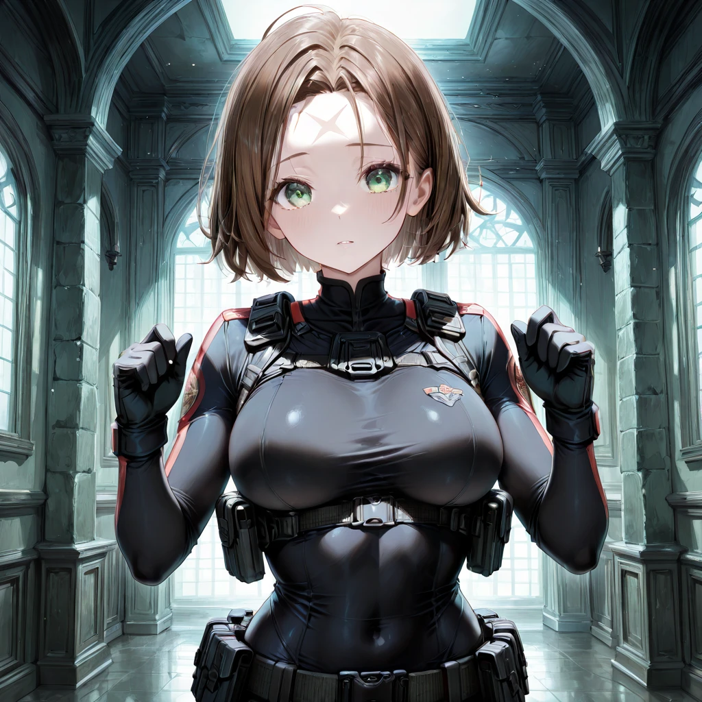 (masterpiece,Highest quality:1.3,best quality illustration,realistic),cowboy shot,1woman,30 year old Japanese beauty,Special Forces Female Soldier、((very small head:1.2)),brown short bob hair,bangs,brown eyes,gorgeous eyes,blush,small breasts,((very long body:1.2)),((toned body,slender body,skinny,tan skin)),(Black turtleneck、Short sleeve、Black tactical vest、Black shorts),gleaming skin,shiny skin,sweat,standing,Simple bed、Simple bedroom、Collapsed building、ruins、at night、