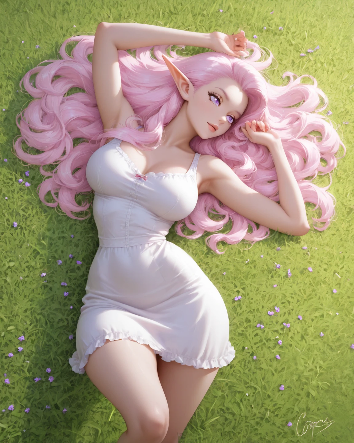 Fantasy, medieval, facing camera, ((best quality)), ((masterpiece)), (detailed), perfect face, perfect body, perfect skin, beautiful sexy elf, belle delphine, sitting, long pink hair, big eyes, black eyeliner, very small tits, firm tits, perky tits, freckles, outdoors, gloomy forest, crown of flowers on head, pussy, nude, naked, cum, cumshot, dripping cum, squirting, female orgasm, cumming, covered in cum, drenched in cum