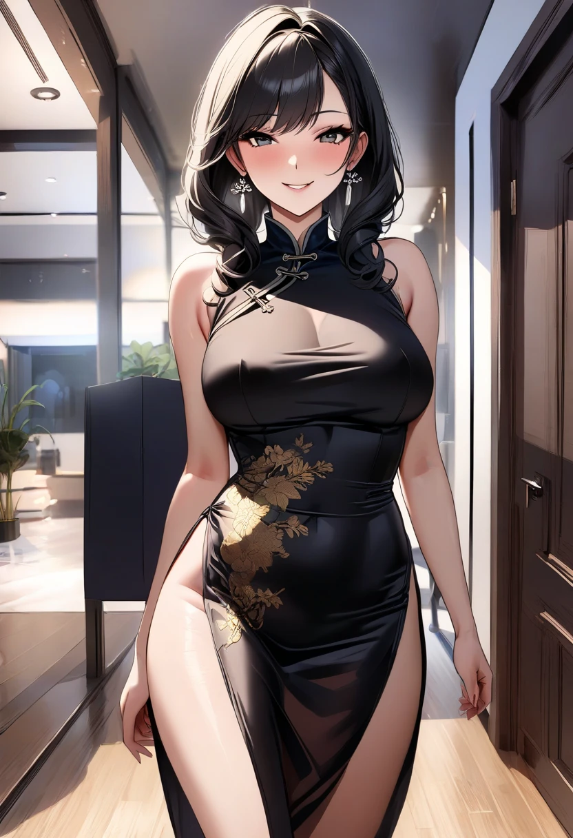 rc,china dress, mai fuyuki, long_hair, purple_eyes, orange_hair, 1girl, solo, blush, jewelry, hoop_earrings, looking_at_viewer, breasts,, best_quality, highres, extremely_detailed, anime perfect detailed style, 8k, masterpiece, anime art style, anime coloring,