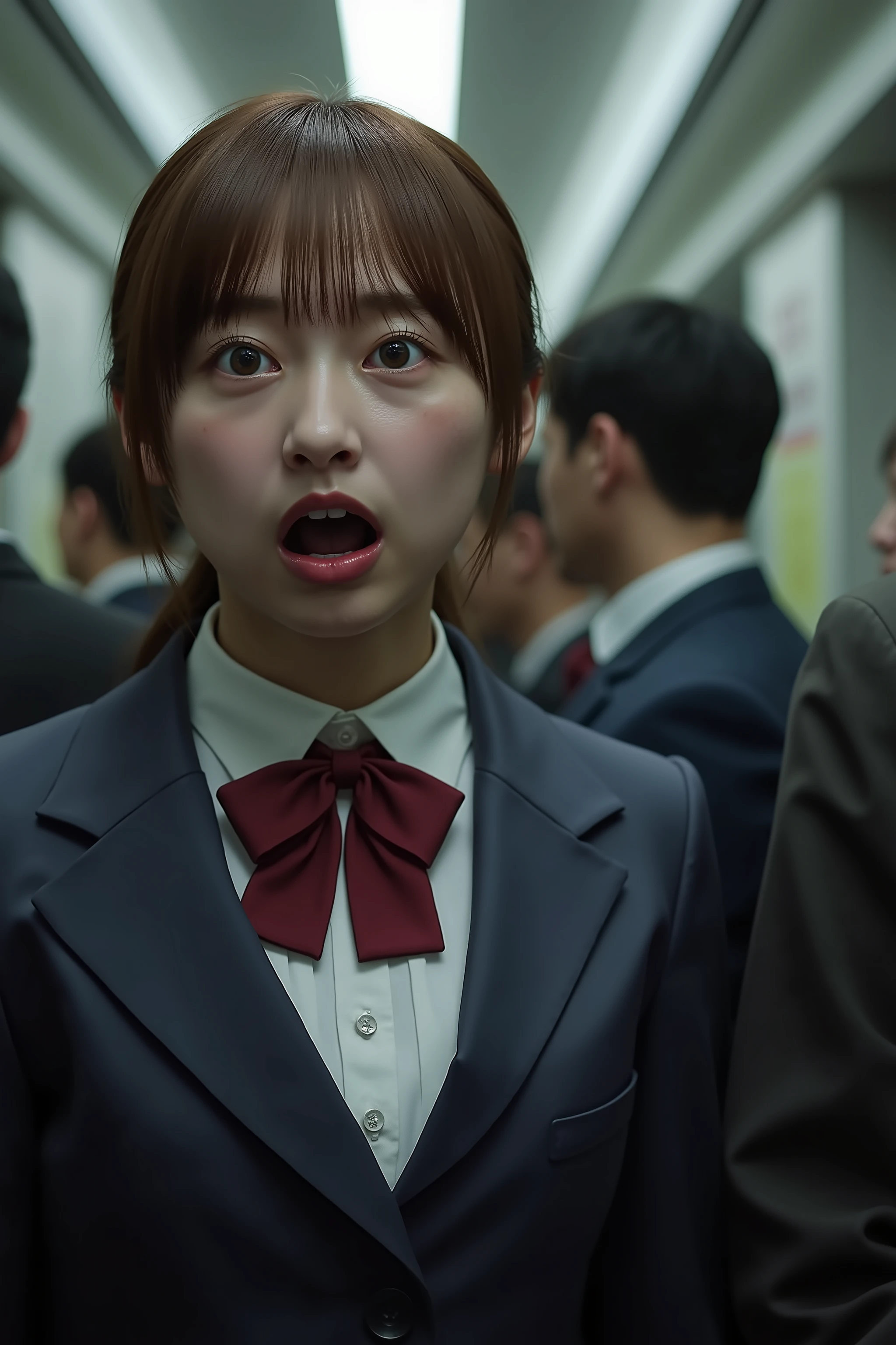 A high resolution photograph of a young beautiful Japanese woman in school uniform standing inside a crowded train car.
She has petite body, brown hair and pale skin.
(A strange man grabs her breasts from behind. The man's face is invisible:1.5).
Her eyes are half open and her mouth is open. She's shouting and screaming in sexual behavior.
She looks surprised expression, crying, frustrated, frowning, panting, gasping face. The focus is on her face.
It depicts detailed face, detailed eyes, sophisticated nose, carved face, greek nose, narrow nostrils.
The amazing quality, extreme details, intricate details, sharp focus, rich contrast and realistic use of professional lighting techniques make this photograph a masterpiece.