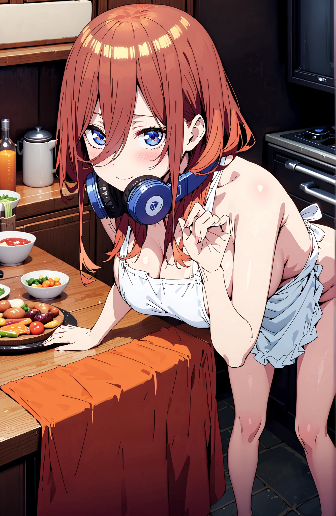 Nakano Nakano Miku, bungs, blue eyes, brown hair, shirt, o, Big Breasts,headphones , headphones around neck, long hair,side boob,cleavage,naked apron,Bare legs,lifts her breasts with both hands,smile,cover,close your mouth,narrows her eyes,,standing,bending forward,full bodyがillustrationsに入るように,break indoors,kitchen,
break looking at viewer,full body,
break (masterpiece:1.2), Best Quality, high resolution, Unity 8k 壁紙, (illustrations:0.8), (beautiful detailed eyes:1.6), very detailed face, perfect lighting on the table, extremely detailed CG, (perfect hand, Perfect Anatomy),