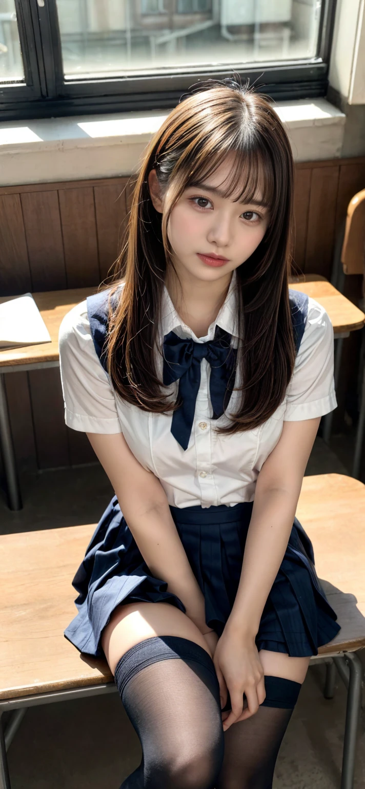 masterpiece, highest quality, 8K, s, Ten generations, young,,slender,RAW photo, disorganized, high school girl uniform、squat、 alone, idol face, violaces, gardenia, delicate girl, Digital single-lens reflex camera, looking at the viewer, Frank, Sophisticated, like々New, thin arms, professional lighting, film grain, chromatic aberration, (detailed eyes and face:1.0), (Bokeh:1.1)