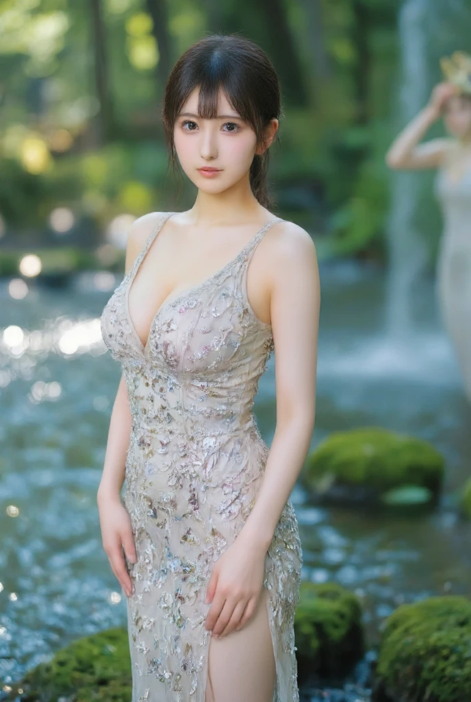 ((Highest quality, 8K, masterpiece :1.3)), (Sharp focus :1.2, Beautiful woman with perfect figure :1.4, Slim Abs :1.2), ((Big Breasts, Emphasize cleavage:1.3)), (Photorealistic:1.4), (realistic:1.4), (Short Bob Hair, Light brown hair:1.5), Highly detailed face and skin texture, Fine grain, double eyelid. Makeup face, A little bit of lipstick, sex appeal, Sexy gravure pose, ((Japanese gravure idol wearing a red Chinese dress、Standing in front of a pond in a Japanese garden。A lush garden and a stone bridge can be seen in the background.。Wearing a silver bracelet。:1.3)