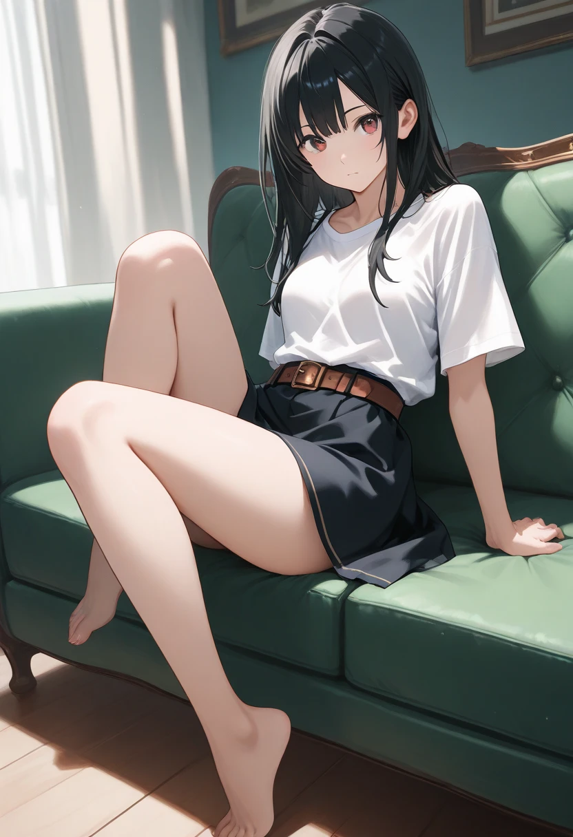 realistic anime illustration of unconscious pretty young woman is sitting on chair, closed eyes, she has black short ruffle sleeve blouse, wearing black crop strapless, crystal teal denim pencil micro skirt, bare legs, (1girl, solo, full body), (masterpiece, best quality, japanese anime style), (expressive eyes, perfect face)