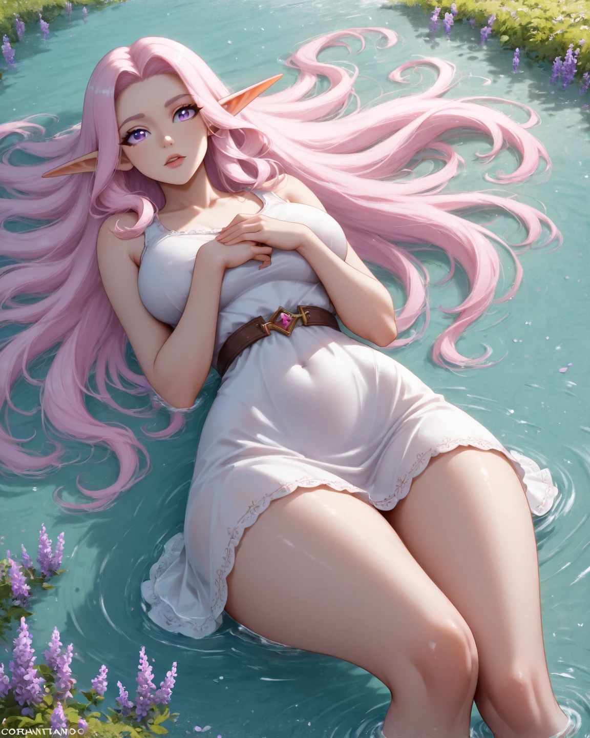 ((best quality)), ((masterpiece)), (detailed), perfect face, Thai mermaid , very long pink hair, slim body, very erotic, completely naked, only wearing a top, bare feet, pink vagina, swimming in the sea with an expression of pain