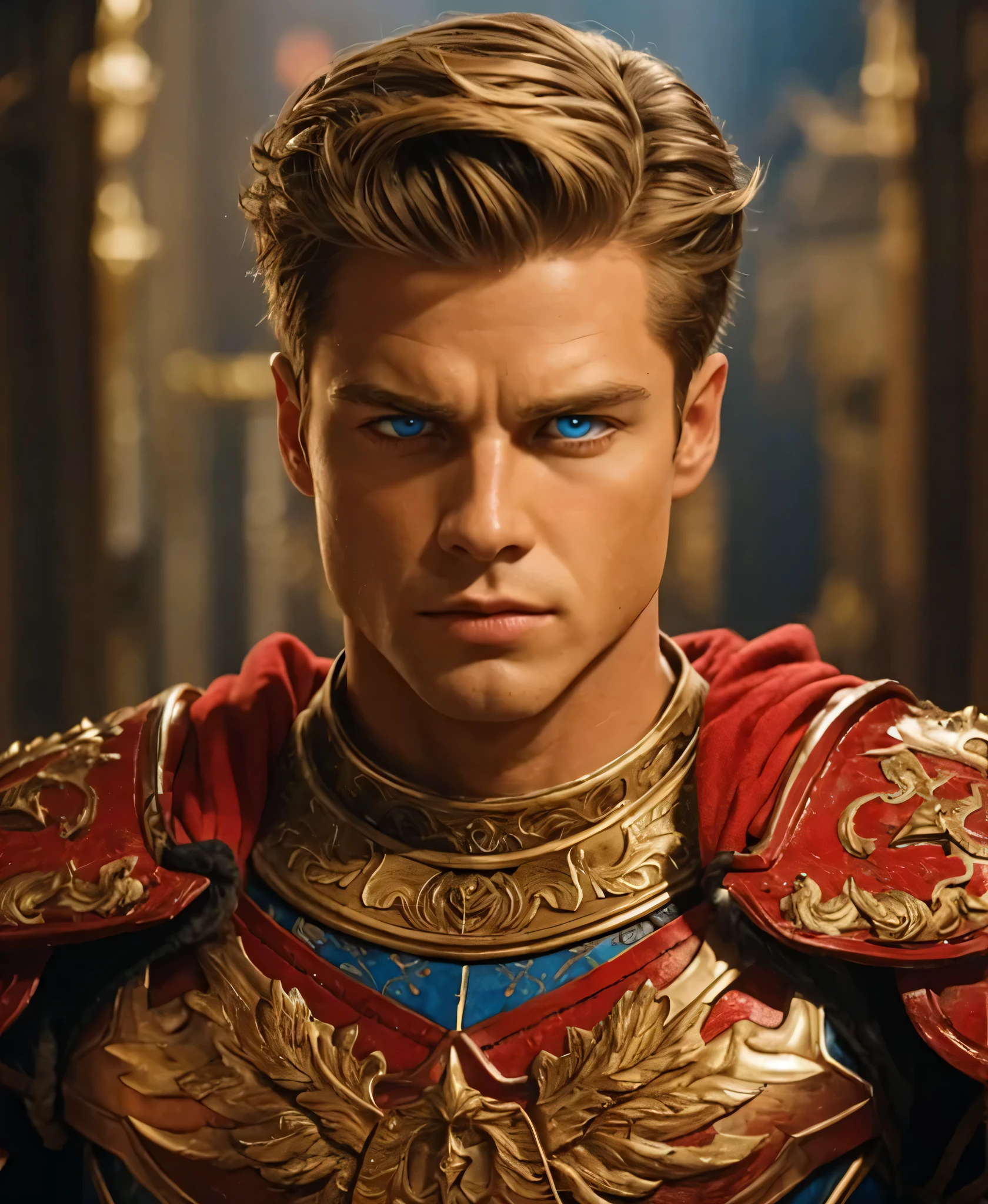 A General, he has blue eyes and brown hair. He is wearing full red armour. Realistic with cinematic vibe.